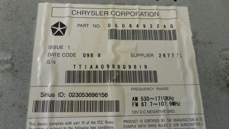 5064951AK 08-11 Dodge Dakota Radio Control Unit REQ W/ Satellite Radio Used Z5064410AF OEM