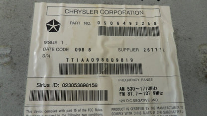 5064951AK 08-11 Dodge Dakota Radio Control Unit REQ W/ Satellite Radio Used Z5064410AF OEM